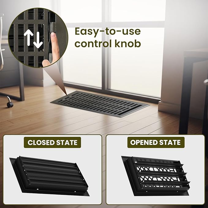 Empire Register Co, Vent Cover - 6x12 inch, Modern Contemporary Design, Textured Black Finish, Heavy Duty Floor Vent Covers, Metal Damper Attached Vent Covers for Home Floor only