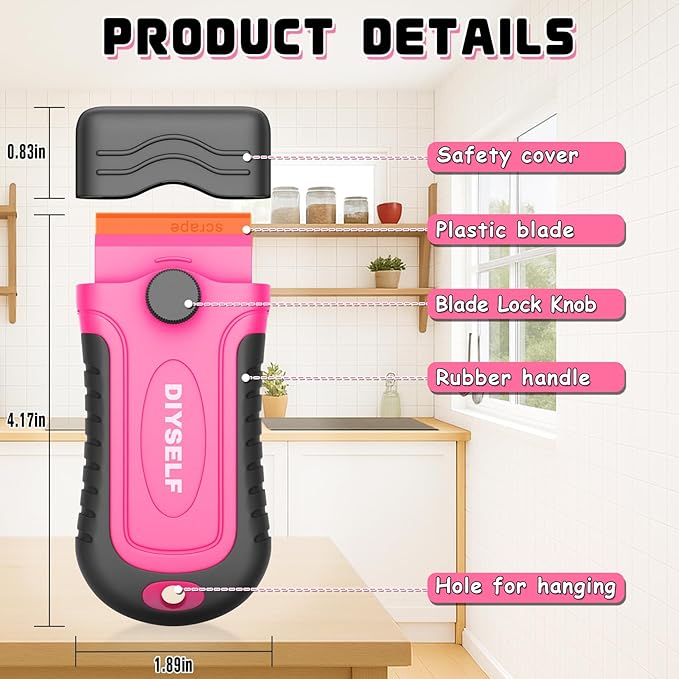 DIYSELF 2 Pcs Plastic Razor Blade Scraper with 10 Pcs Blades, Plastic Scraper Tool for Adhesive Remover, Scrapers for Cleaning Stickers, Decals, Glass, Windows, Car, No Scratches (Pink)