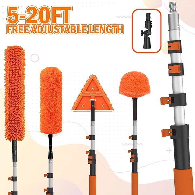 26FT Reach Dusters for Cleaning, Ceiling Fan Cleaner Duster with Extension Pole, Wall and Baseboard Cleaner Mop with Handle for Window Cobweb Fan Blade and High Ceiling