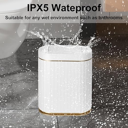 Bathroom Trash Can with Butterfly Lid 2 Gallon Sensor Trash can, IPX5 Waterproof Garbage Can, Automatic Slim Trash Bin, Under-Counter Wastebasket, Bathroom Decor for Bedroom, White Gold