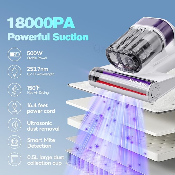 Mattress Vacuum Cleaner, Ultrasonic Bed Vacuum Cleaner with 18Kpa Strong Suction, 150°F Heat & 253.7nm UV-C Light, Intelligent Dual Cup, One-Click Dust Removal for Bed, Sofa, Pet Hair, White