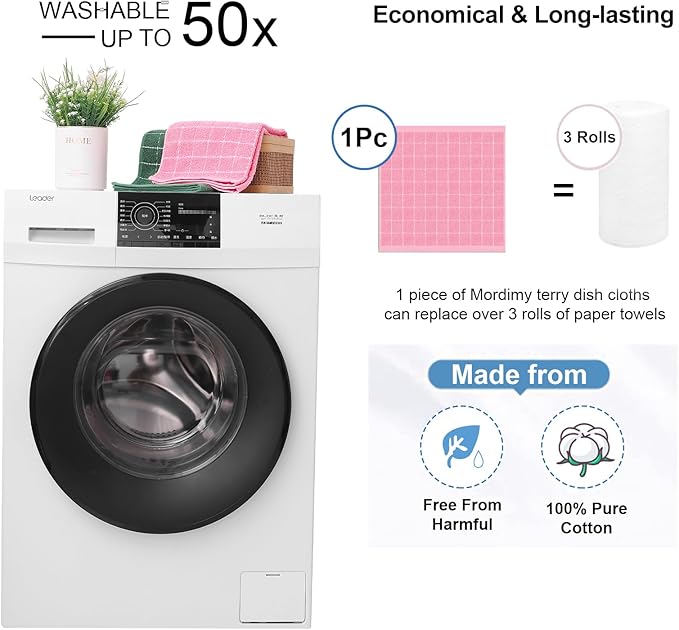 Mordimy 100% Cotton Terry Cloth Dish Cloths, Soft and Absorbent Checkered Dish Towels, Quick Drying Dish Rags for Washing Dishes, 12 Pack, 12 x 12 Inches, Pink