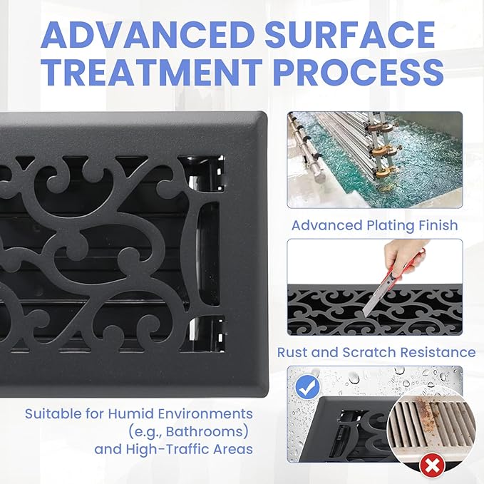 4x14 Inches Heavy Duty Walkable Floor Register - Easy Adjust Air Supply Lever Decorative Floor Vent Covers, Savannah Design Vent Covers for Home - Matte Black