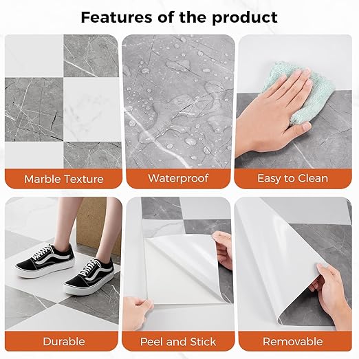 Peel and Stick Floor Tile Vinyl Flooring Roll Self Adhesive 23"x 393"/64 Sq.Ft Linoleum Laminate Flooring Roll Grey&White Marble Color Waterproof Floor Sticker for Home Room Improvement