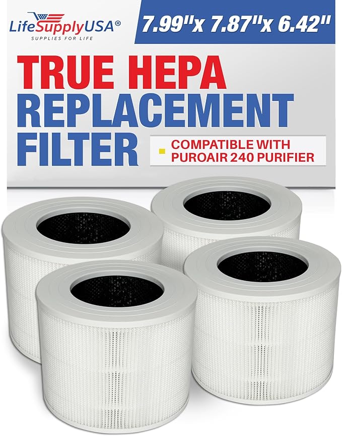 True HEPA Filter Replacement Compatible With PuroAir 240 Purifier by LifeSupplyUSA (4-Pack)