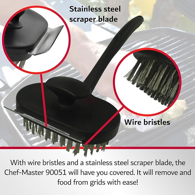 Chef-Master 90051 Char-Broiler BBQ Grill Brush | Extra Long 17-Inch Handle | Durable Wire Bristles | Extra Grip Dual Handles | BBQ Brush for Grill Cleaning