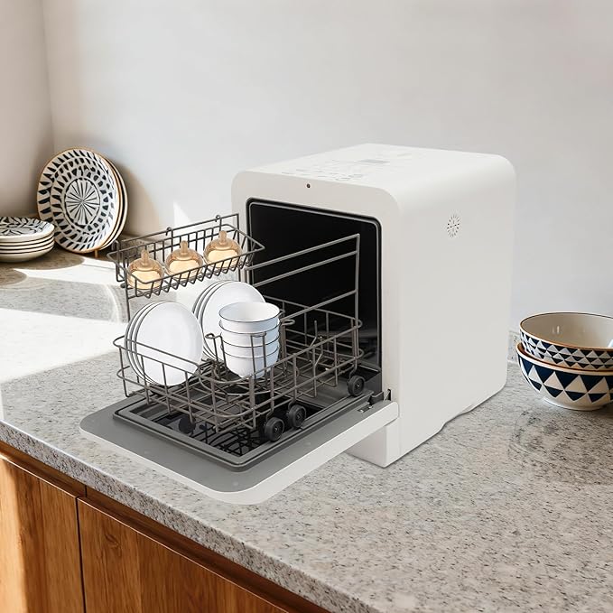 Countertop Dishwasher, Portable Compact Dishwasher, 1-3 Sets of Tableware, 3 Programs Mini Dishwashers, 2 Spray Arms, PTC Hot Air Circulation Drying Mechanism for Apartments, RVs, White