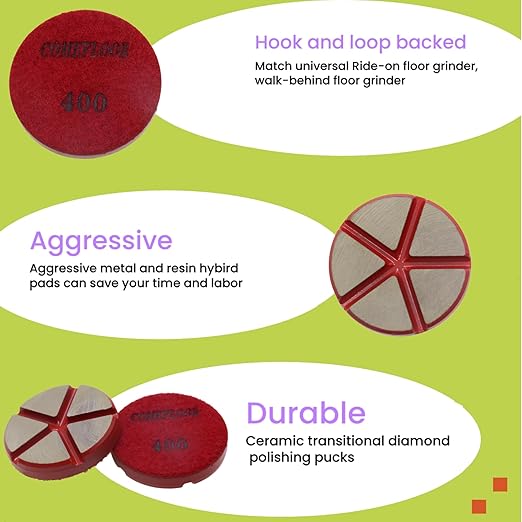Hybrid Ceramic Transitional Diamond Polishing Pucks for Concrete Terrazzo Floor, 3 Inch Hook and Loop Aggressive Floor Grinding Discs, 400# 3PCS