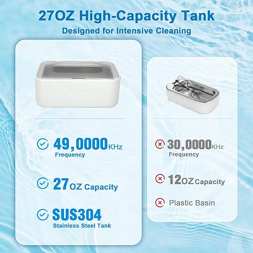 Ultrasonic Jewelry Cleaner, 27oz Large Capacity 49KHz Ultrasonic Cleaner Machine, Ultra-Quiet with 5 Cleaning Modes, Digital Timer, Stainless Steel Tank for Jewelry, Eyeglasses, Watches, Dentures