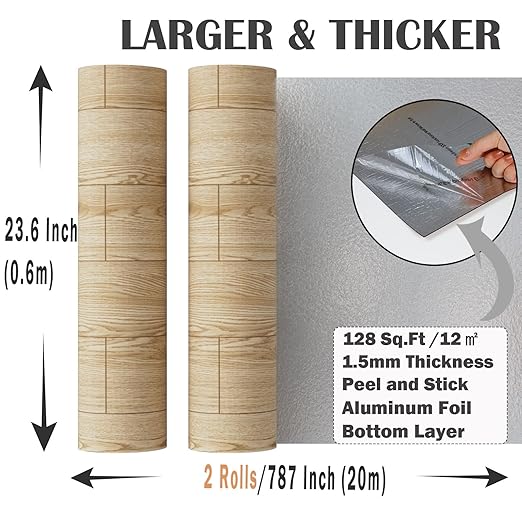 Oxdigi Peel and Stick Vinyl Flooring 2 Rolls 23"x 393"/128 Sq.Ft, Self Adhesive Vinyl Floor Tiles Wood Plank Flooring Waterproof Wear-Resistant for Any Room, Easy DIY Floor Coverings, Nature Wood
