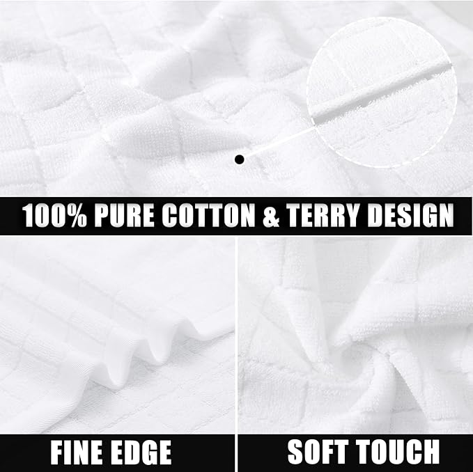 Mordimy 100% Cotton Terry Cloth Kitchen Towels, Super Soft and Absorbent Dish Towels for Drying, Checkered Designed Hand Towels for Kitchen, 16 x 26 Inches, 4 Pack, White