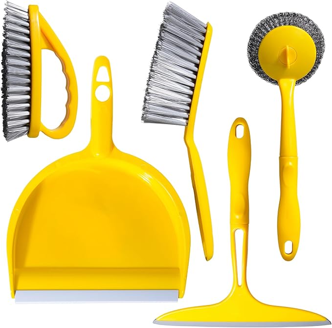 5-Piece Mini Desktop Cleaning Kit - Dust Pan Set with Wire Brush, Duster & Scouring Pad - Yellow Household Tools for Desk, Keyboard & Small Spaces