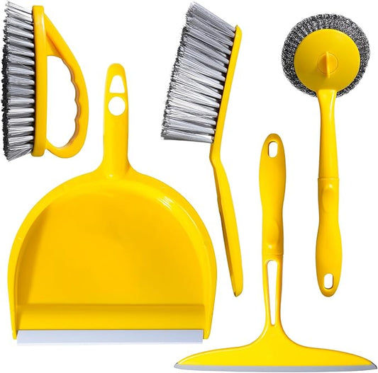 5-Piece Mini Desktop Cleaning Kit - Dust Pan Set with Wire Brush, Duster & Scouring Pad - Yellow Household Tools for Desk, Keyboard & Small Spaces