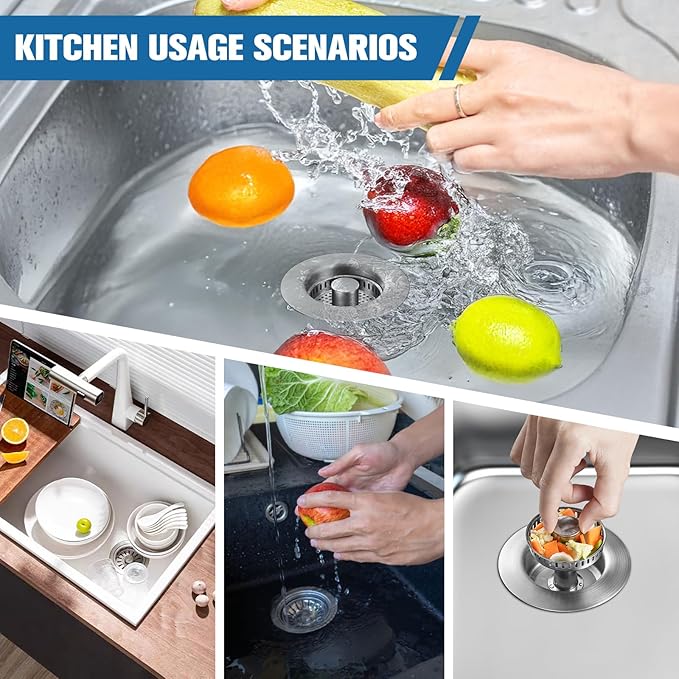 Upgraded 3 in 1 Kitchen Sink Drain Strainer & Kitchen Sink Stopper,Stainless Steel Basket,Anti-Clogging,100% Rust-Proof,High Durability with Brass Core,Fit 3-1/2",Chrome