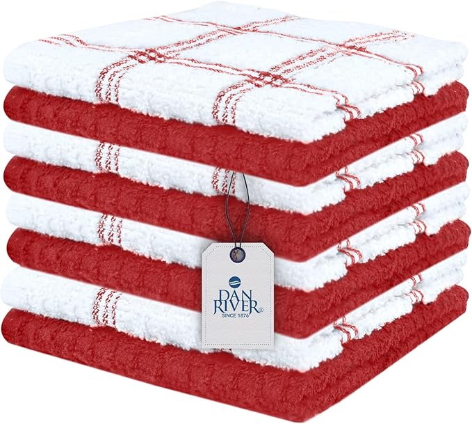 DAN RIVER Premium Dish Cloth 100% Cotton 12 X 12 Inches |Pack of 8|-Ultra Soft Tea Towels-Highly Absorbent Kitchen Rags-Terry Dishcloth for Kitchen and Household Cleaning |Red|