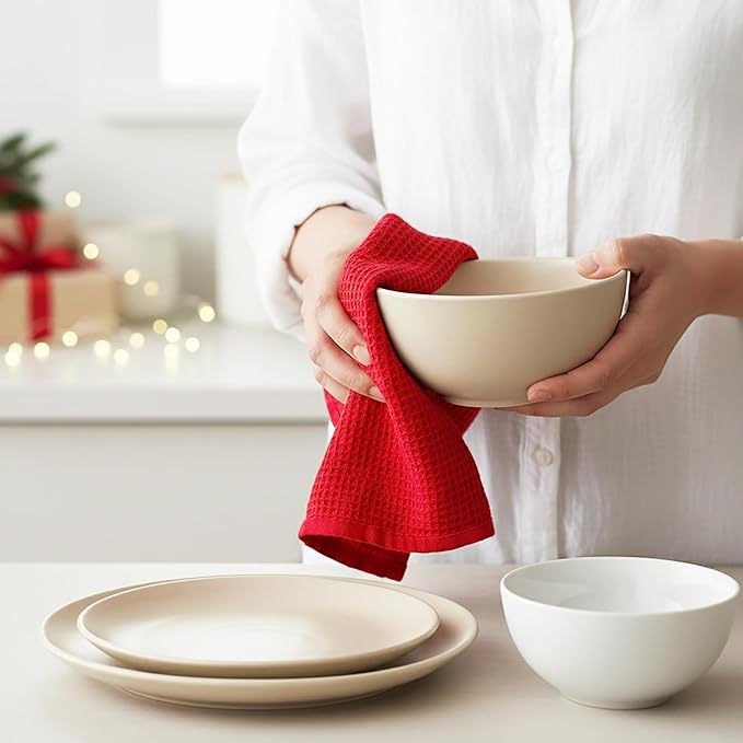 PurpleEssences Waffle Weave Kitchen Towel, 100% Cotton, 15x25 Inches, with Hanging Loop Ultra Soft Absorbent Quick Drying Dish Cloth, Tea and Hand Towels, 4 Pack - Christmas Holiday Winter - Red