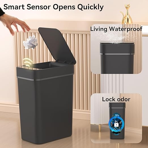 3 Pack Bathroom Trash Can 2.6 Gallon Small Touchless Automatic Motion Sensor Trash Cans Slim Waterproof Garbage Bin with Lid for Kitchen, Office, Bedroom Black