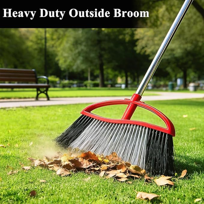 Heavy Duty Outdooor Broom - 15.7" Wide Broom with Wide Angle Design, Long Handle & Powerful Stiff Bristles for Patio, Garden, Garage, Yard (Red)