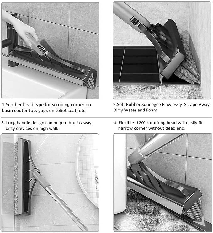 2 in 1 Cleaning Floor Scrub Brush Floor Brush Scrubber New Upgraded 53.5" Long Handle Grout Brush Scrape V-Shape Stiff Bristle Cleaning Brush with Squeegee 120°Rotating Tile Brush for Bathroom
