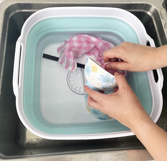SAMMART 10L (2.64 gallon) Collapsible Dishpan with Draining Plug - Foldable Washing Basin - Portable Dish Washing Tub - Space Saving Kitchen Storage Tray (1, White/Lake Green)