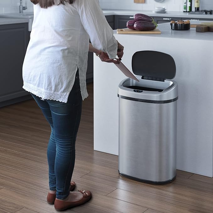 iTouchless 13 Gallon Oval Sensor Trash Can with AC Adapter and Odor Filter, Automatic Motion Sensor Kitchen Bin, Soft-Close Stainless Steel, Slim Curved Wastebasket for Narrow Walkways, Matte Silver