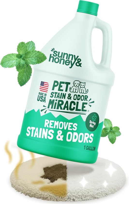 Sunny & Honey Pet Stain Remover - For New and Deep-set Stains - Pet & Kid Safe Pet Enzyme Cleaner - Fast Acting Carpet Cleaner Spray for Rugs, Upholstery & Furniture (128 fl oz, Spring Mint)