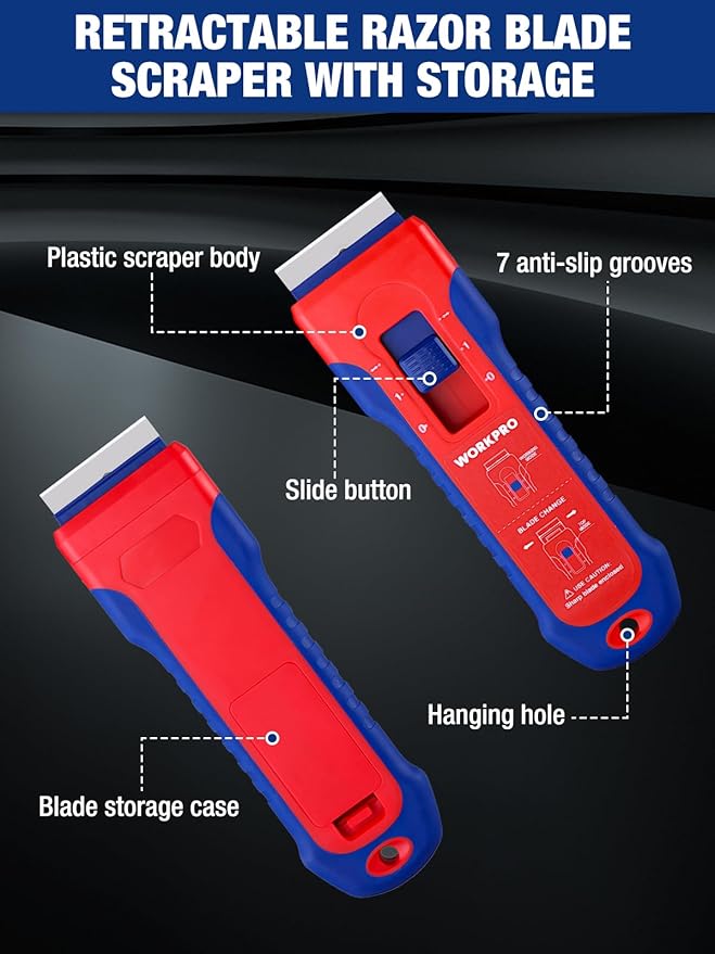 WORKPRO Retractable Razor Blade Scraper with 56 Blades, Built-in Storage Cleaning Scraper Tool for Paint Stickers Adhesive Glass Ceramic Wood