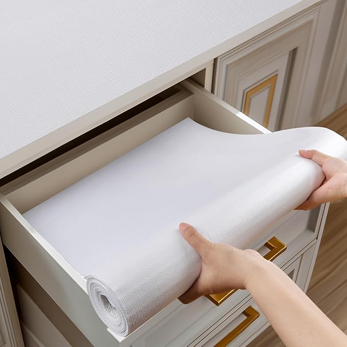 Shelf and Drawer Liner for Kitchen Cabinets Non-Adhesive, Strong Grip Non-Slip Thickened Cabinet Liners for Shelves, Waterproof Mats for Dresser Cupboard, White, 17 in x 20 Feet