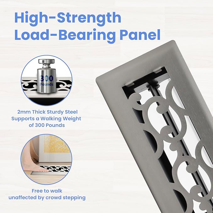 2x12 Inches Heavy Duty Walkable Floor Register - Easy Adjust Air Supply Lever Decorative Floor Vent Covers - Savannah Design Vent Covers for Home - Satin Nickel