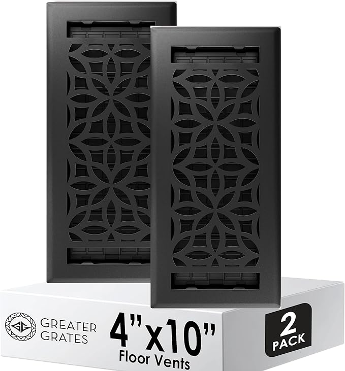 Floor Register 4x10 Vent Cover – 2 Pack – Heavy-Duty Steel, Rustproof & Walkable Grates, Drop-in Install, Adjustable Air Supply Switch - Decorative Floral Design, Textured Black