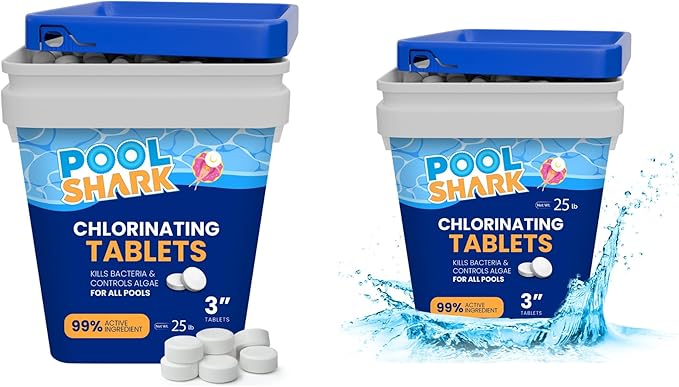 Pool Shark Swimming Pool Chlorine Tablets 3-Inch Chlorine Tablets Slow-Dissolving 90% Active Chlorine Tabs Pool Chemicals for Inground Pools, Above Ground Pools Saltwater 2x25 lbs Total of 50 Lbs