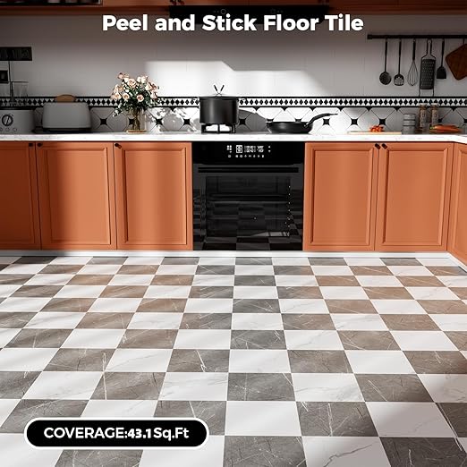 Peel and Stick Floor Tile Vinyl Flooring Roll Self Adhesive 15.75"x 393"/43 Sq.Ft Linoleum Laminate Flooring Roll Grey&White Marble Color Waterproof Floor Sticker for Home Room Improvement