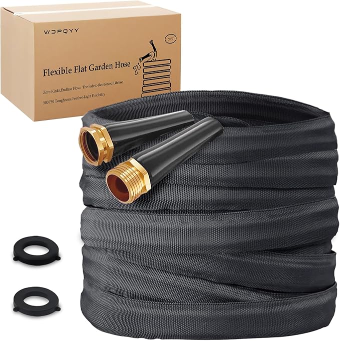 Lightweight Flat Garden Hose 50ft, 800D Woven Water Hose with 3/4” Aluminum-Copper Fittings with 2 Rubber Washers, 580 PSI Burst Pressure, Flexible Kink-Free Hose for Outdoor, Lawn & Yard
