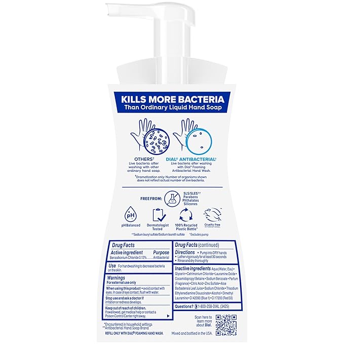 Dial Antibacterial Defense Foaming Hand Soap + Aloe, Spring Water Scent, 7.5 Fl Oz (Pack of 6), Dermatologist-Tested Hand Wash, Gentle on Skin