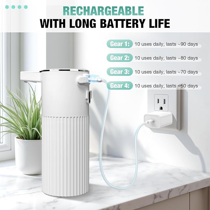 Automatic Soap Dispenser Foaming Touchless: 14oz Plastic - 4 Level Adjustable Wall Mount Foam Rechargeable Electric Auto Smart White Soap Dispenser - Bathroom Kitchen Hand Dish Lotion