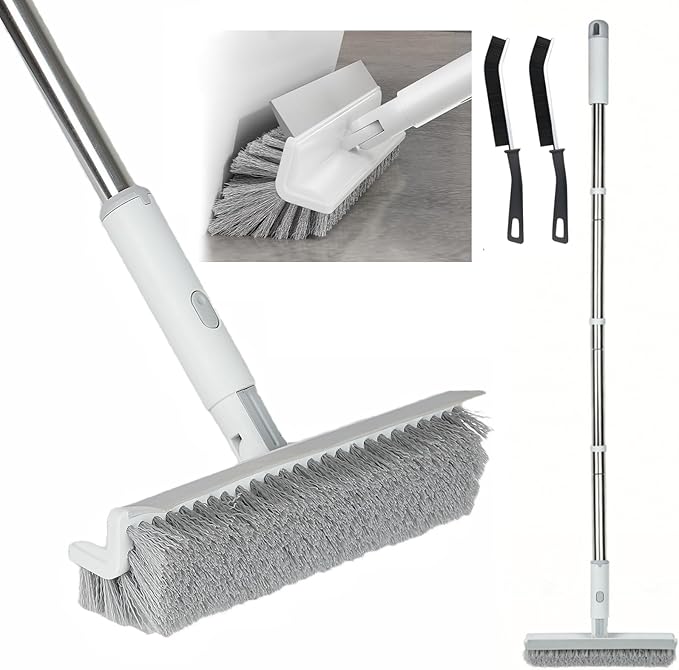 Floor Scrub Brush with Long Handle, 2 in 1 V-Shape Grout Brush with Squeegee + 2 Crevice Cleaning Brushes, Heavy Duty Stiff Bristle Scrubber Brush for Cleaning Shower Bathroom Kitchen Tile