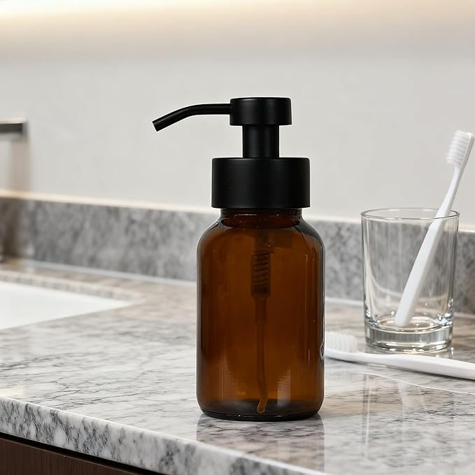 8.5 oz Amber Glass Foam soap Dispenser with Black Rust-Proof Foam Pump, refillable Thick Glass Foam soap Dispenser for Kitchen and Bathroom (1, 8.5 oz)