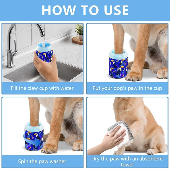 Dog Paw Cleaner Cups for Dogs Pet Foot Washer Paw Scrubber for Medium Small Large Dogs Cats Cleaning Cup Bright Blue Toucans Fruit Slices