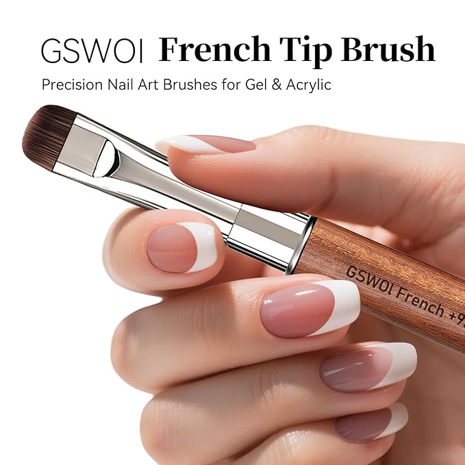 Dual Head Acrylic Nail Brush-French Tip & Square Round with Cleaning Brush for Builder Gel,Polygel & Design-Wood Handle & Metal Caps