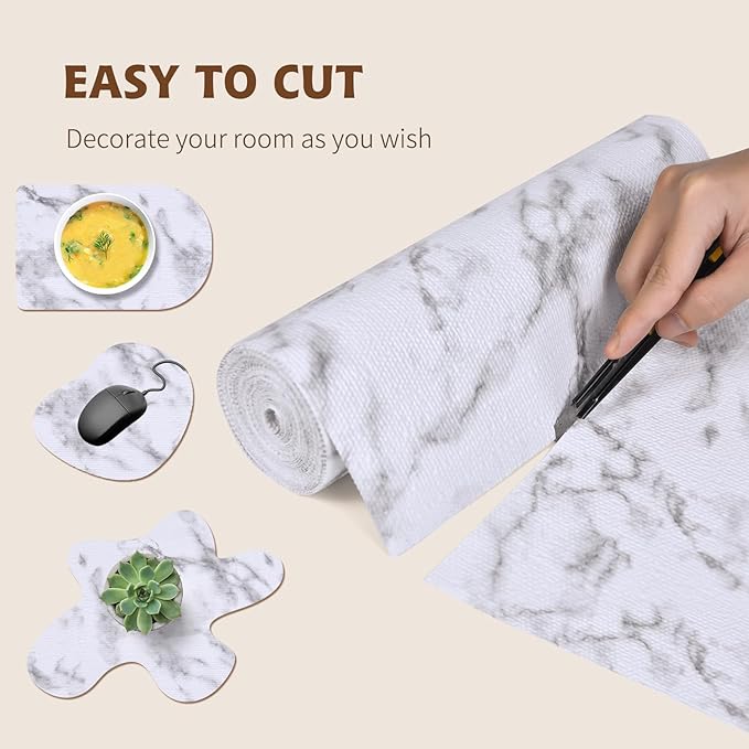 Shelf Liners for Kitchen Cabinets 12in x 10FT, Non Adhesive Drawer Liner Marble Pattern Thickened Shelf Liner Non-Slip Easy to Clean for Tool Box Refrigerator with Knife and Tape Measure