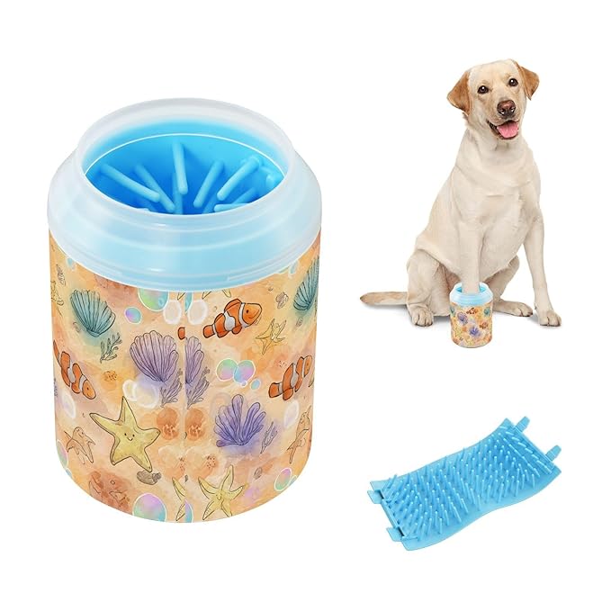 Dog Paw Cleaner Cups for Dogs Pets Foot Washer Paw Scrubber for Medium Small Cats Dogs Cute Cleaning Cup Orange Clownfish Starfish Shells Bubbles