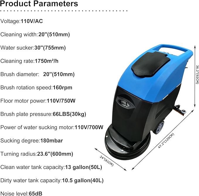 Commercial Auto Floor Scrubber Machine, Brush 20" Cleaning Path, Floor Polishing Machines, 18000sqft/h, Push Scrubber Industrial Mopping Machine 110V