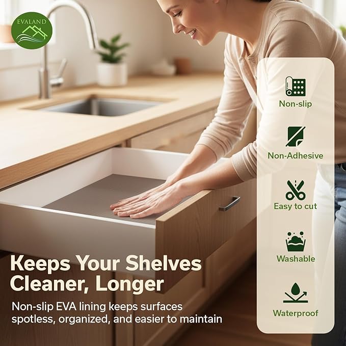 EVALAND Shelf Liners for Kitchen Cabinets Non-Adhesive 17.7" x 33 FT Beige Drawer Liner Non Slip, Washable Cabinet Liner, Waterproof Shelf Liners for Cabinets, Refrigerator Bathroom Pantry Cabinet Mat