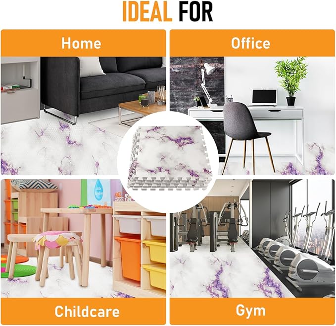 HomeCube USA 3/8 Inch Thick Interlocking Wood Grain Foam Floor Tiles for Home, Office, Workout Equipment Space, Commercial Areas, Anti-Fatigue Flooring Padding 24x24 in. Purple Marble 16 SQ Ft-4 Tiles