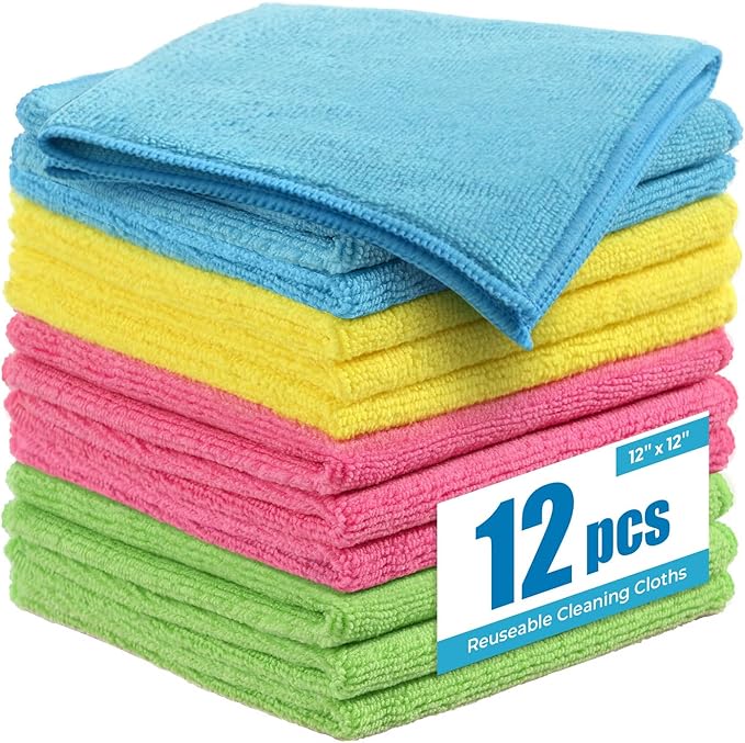270GSM Microfiber Cleaning Cloth 12"X12" - 12 Pack 4 Color Assorted Lint Free Streak Free, Super Absorbent Reusable Multi Purpose Kitchen Towels for Cars