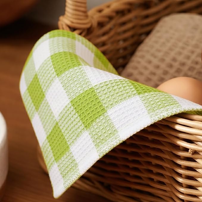 PurpleEssences Waffle Weave Plaid Dish Cloths, 100% Cotton, 12x12 Inch, Soft Absorbent Quick Drying Buffalo Check Dish Rags for Kitchen, 8 Pack, Christmas Holiday Winter - Light Green & White
