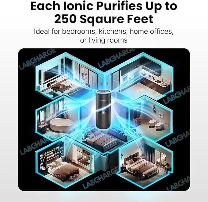 LabCharge Small Ionic Air Purifier for Home & Bedroom – Silent HEPA Filter – Covers 250 Sq Ft - Free Cleaner for Pets, Hair, Smoke, Dust, Odors & Dander – Compact & Black Design - Pack of 2