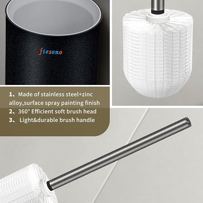 Toilet Brush and Holder Set, Toilet Bowl Brush with Stainless Steel Light Brush Handle, Soft Bristle, Wall Mounted/Floor Standing for Bathroom Space Saving