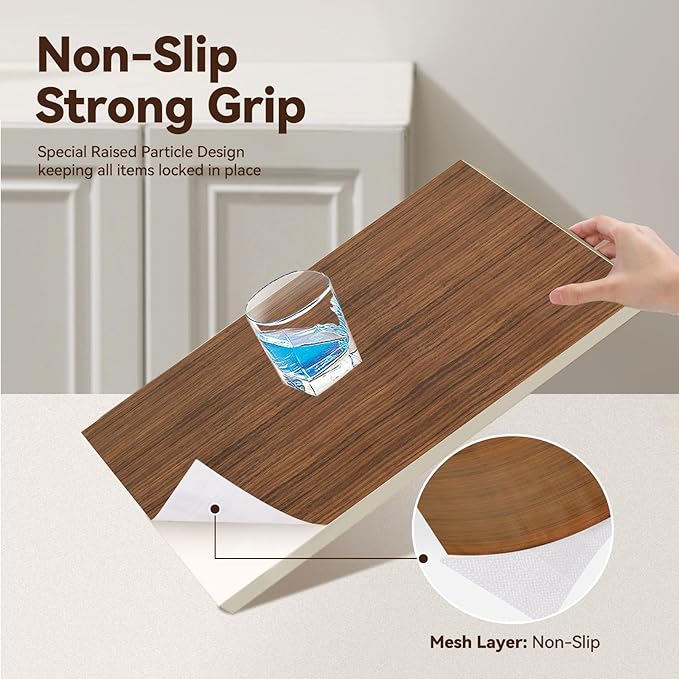Drawer Shelf Liner for Kitchen Cabinets, Non Adhesive Slip Resistant Shelf Paper Easy to Clean, Strong Grip Thickened Waterproof Washable Mats for Pantry Shelves, Cupboard, Wood Grain, 24 in x 30 FT