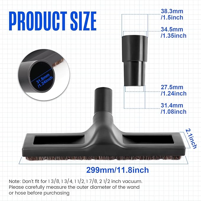 12" Universal Vacuum Cleaner Floor Brush Attachments 1 1/4 inch(32mm) for Shark Vacuum Brush Attachments,360° Swivel Hardwood Brush & Adapter with Horse Hair Attachments for Shark Vacuums Accessories